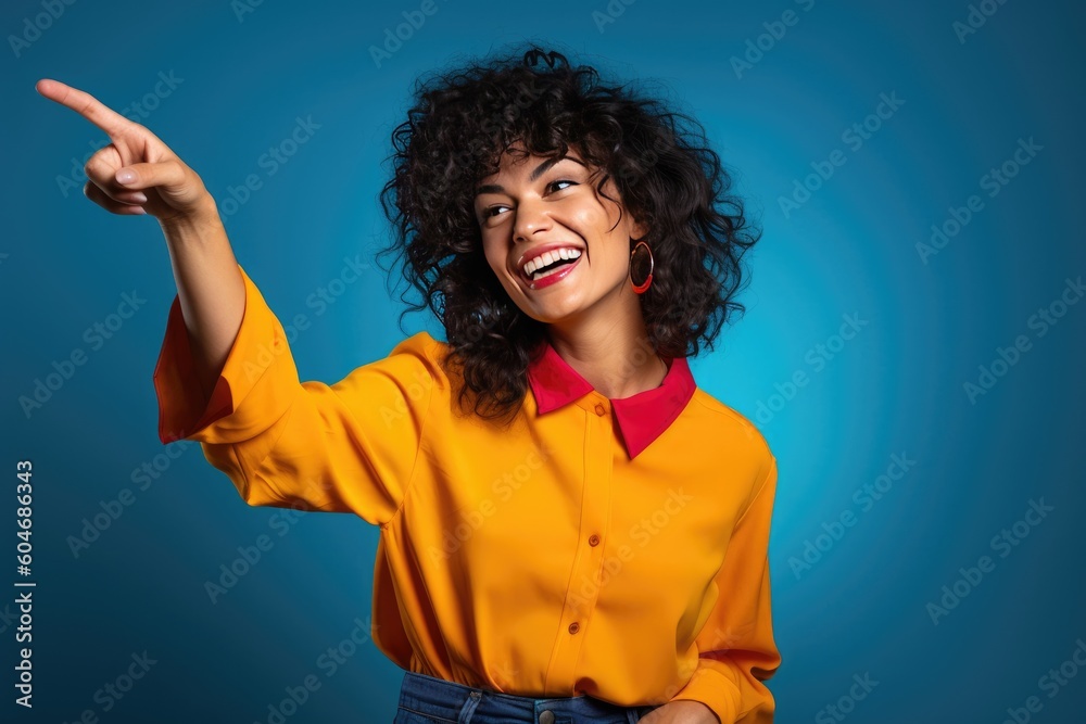 Look There. Cute black woman pointing fingers aside at free space for text on a brightly colored background, created with generative ai Look There. Cute black woman pointing fingers aside at free space for text on a brightly colored background, created with generative ai