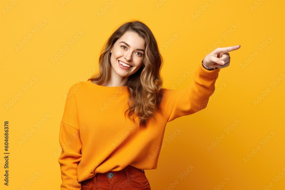 Look There. Cute woman pointing fingers aside at free space for text on a brightly colored background Look There. Cute woman pointing fingers aside at free space for text on a brightly colored background