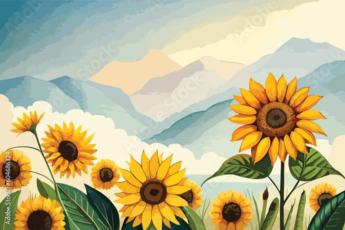 Sunflower Watercolor Floral Art Collection. Vector Illustration.