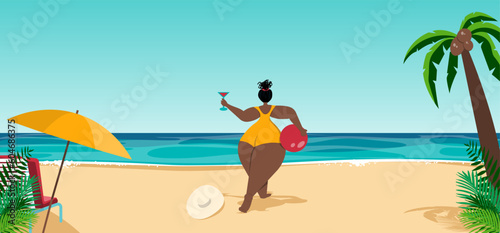 girl on the beach, vector illustration, cartoon style, body positivity, african american woman on the beach