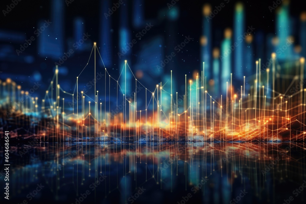 Perspective view of stock market growth, business investing and data concept with digital financial chart graphs, diagrams and indicators Perspective view of stock market growth, business investing and data concept with digital financial chart graphs, diagrams and indicators