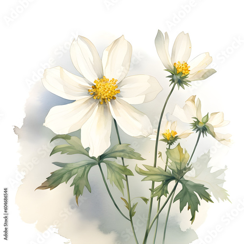 Bidens alba flower.  Water color. Generative AI