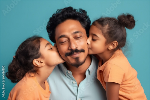 Indian mid father and child hugging and kissing on a blue background, generative ai