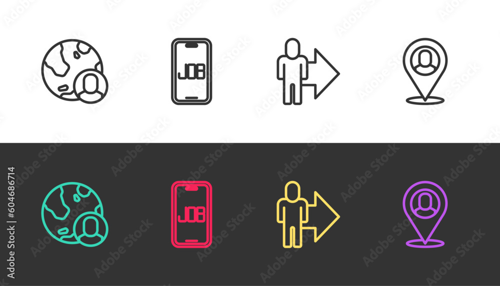 Set line Globe and people, Search job, Leader of team of executives and Worker location on black and white. Vector Set line Globe and people, Search job, Leader of team of executives and Worker location on black and white. Vector