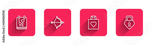 Set line Calendar with February 14, Bow and arrow, Shopping bag heart and Castle the shape of with long shadow. Red square button. Vector