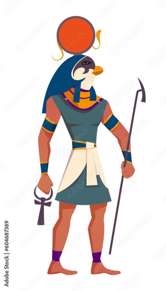 Ancient Egypt sun god Ra flat vector illustration. Deity at human figure with falcon head in solar disk and snake. Egyptian culture religious symbol isolated on white background. Ancient Egypt sun god Ra flat vector illustration. Deity at human figure with falcon head in solar disk and snake. Egyptian culture religious symbol isolated on white background.