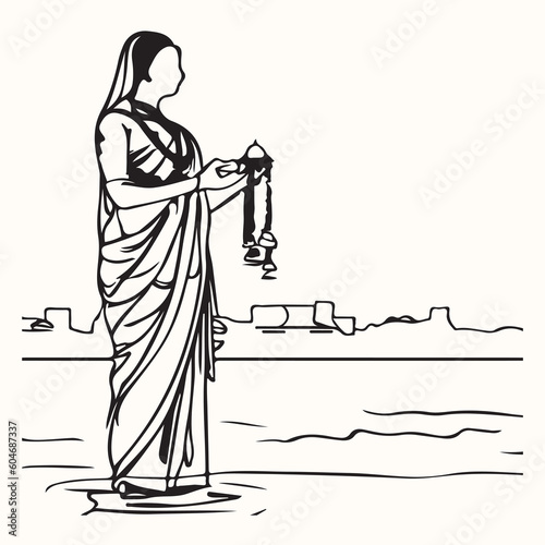 Woman dressed in a  sari carrying out a religious ceremony whilst standing in the River in India line art vector