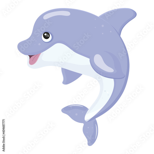 Ocean animal dolphin. Aquatic creature icon isolated on white background. Smiling dolphin in cartoon style. Funny underwater wild life, colorful exotic aquarium fish collection. Vector illustration