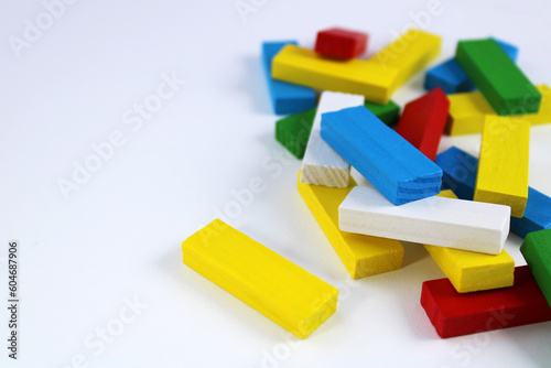 Jenga game, colorful wooden blocks