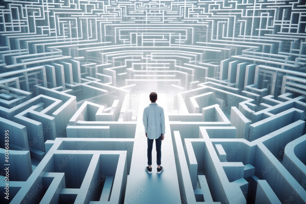 Person find exit from labyrinth in digital world. Human silhouette lost in futuristic technology maze. Digital addiction. Created with Generative AI Person find exit from labyrinth in digital world. Human silhouette lost in futuristic technology maze. Digital addiction. Created with Generative AI