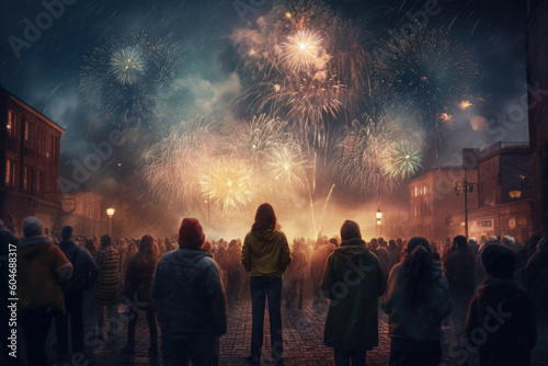 Silhouettes of people looking at colorful fireworks in the night sky. Crowd celebrating holiday outdoors. Created with Generative AI