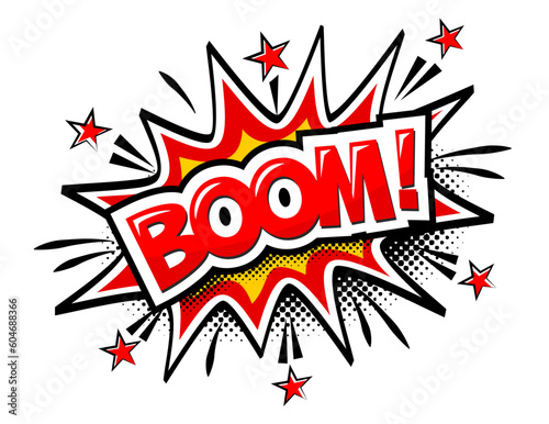 Boom comic text speech bubble in comic book style. Vector on transparent background