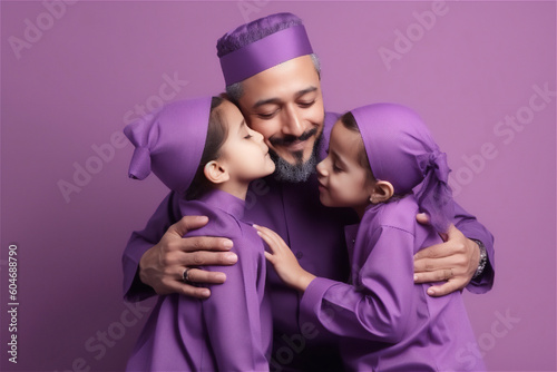 Muslim mid father and child hugging and kissing on a violet background, generative ai