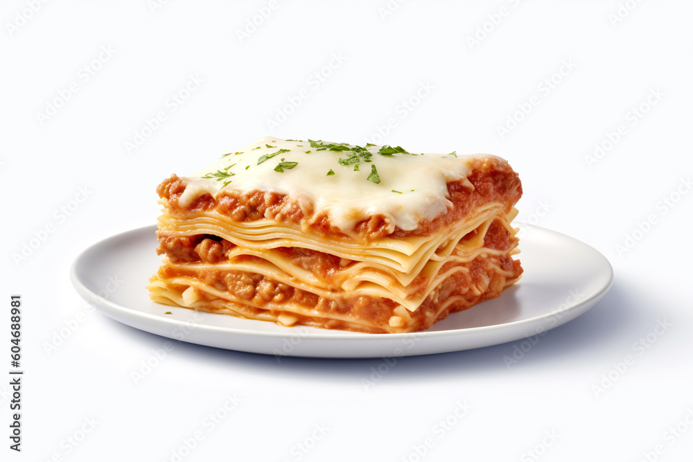 lasagna piece plate with minced meat and melted cheese close-up on white background, generative AI lasagna piece plate with minced meat and melted cheese close-up on white background, generative AI