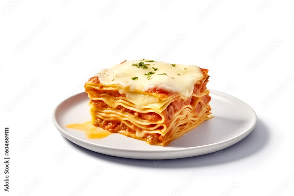 lasagna piece plate with minced meat and melted cheese close-up on white background, generative AI lasagna piece plate with minced meat and melted cheese close-up on white background, generative AI