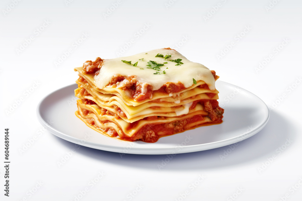 lasagna piece plate with minced meat and melted cheese close-up on white background, generative AI
