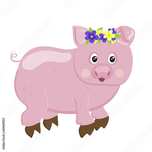 Little pink pig farm animal. Collection funny animal. Cute domestic kind animal in cartoon style small toy pig. Decoration in the form of a bouquet of flowers on the head. Vector illustration