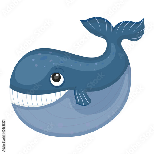 Big blue whale smiling. Ocean mammal animal big fin. Aquatic icon isolated on white background. Sea animal in cartoon style. Funny underwater wild life. Exotic aquarium collection. Vector illustration