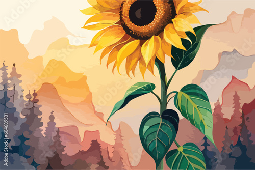 Sunflower Watercolor Floral Art Collection. Vector Illustration.