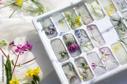 ice mold with frozen flowers. Ice cubes for cooling on a summer day