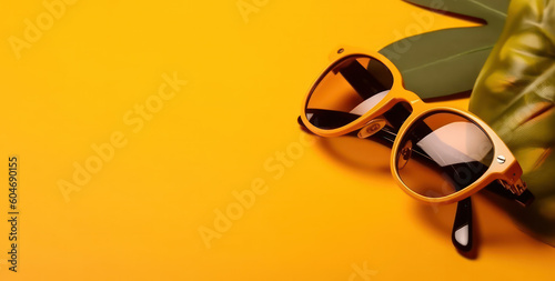 sunglasses on yellow background.tourism travel and vacation concept. Generative AI