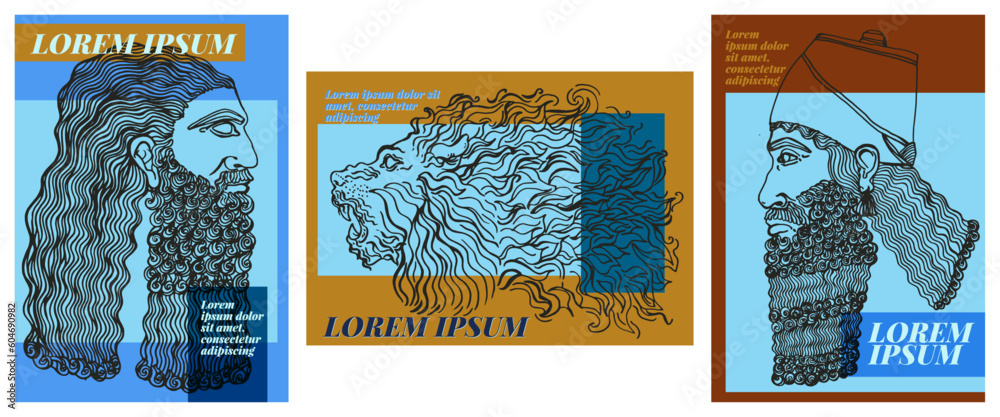 Recursos graficos de tres diseños con inspiracion de mesopotamia. Ilustraciones reales de esculturas clasicas de línea para estampados de camisetas, carteles, pegatinas. Bustos y cabeza de león