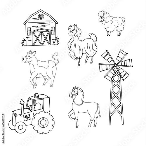 Donkey, Horse, Llama or Alpaca, Sheep, Cow, Goat and Pig. Farm animals and buildings. Mill. Barn. Cattle breeding Vector illustration isolated on white background.