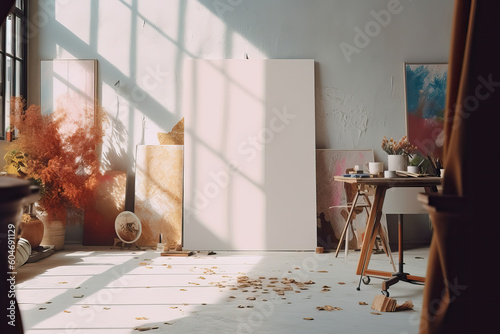 artistic frame canvas mock up in a curated whimsical studio setting with natural light and shadows - ai generative art photo