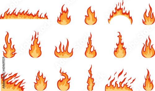 Flat red flames isolated. Heat fire sign, fires devil symbols. Hot campfire, abstract heat and fever graphic pictogram, decent vector collection