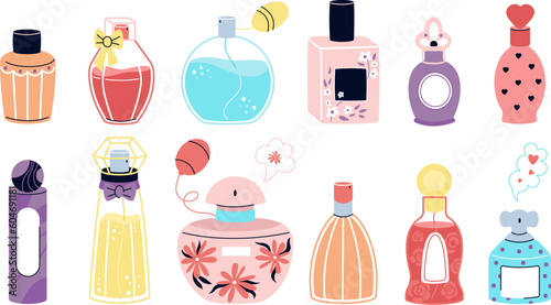 Cartoon perfume bottles, scented water and perfumes retro packaging. Fashion vintage bottle, decorative girly cosmetics flat decent vector set