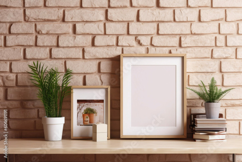 Blank wooden picture frame mockup on an old brick wall, Mood swings full livestyle home scene, AI-generatet © Infini Craft