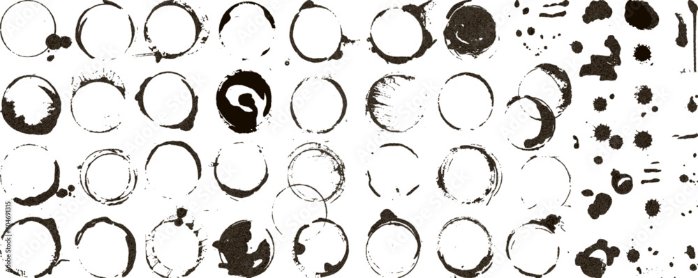 Fototapeta premium Black coffee rings, grunge circle frames or stamp graphic elements. Stains and drops, isolated decorative design. Neoteric decor vector clipart