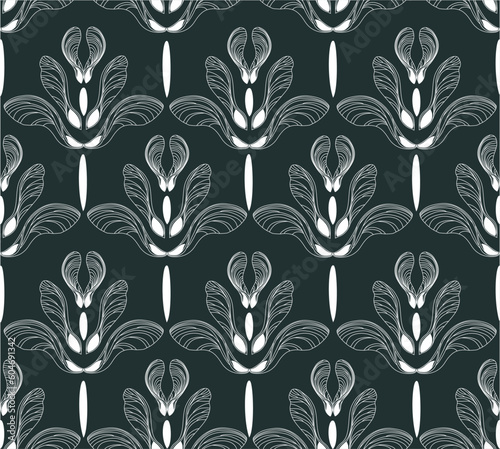 Autumn motives of flying foliage. Contour white maple leaves and lionfish on black background