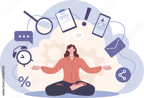 Multitask woman meditating, hardworking manager keep calm and balance. Professional work, yoga for balancing life, kicky vector cartoon character