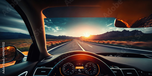 Ai generated illustration a driver's view from a car window to the road