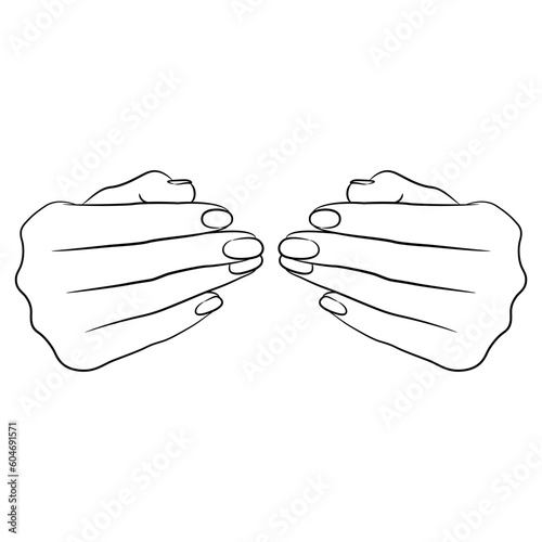 Front view of two beautiful female hands. Holding gesture. Black and white linear silhouette.