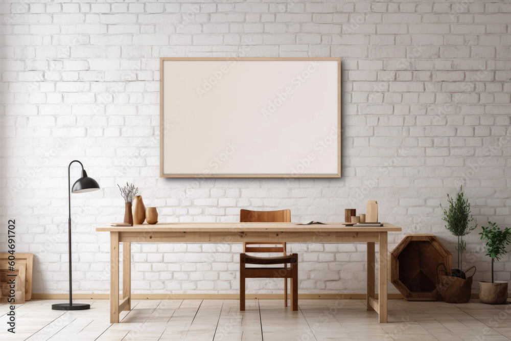Blank wooden picture frame mockup on an old brick wall, Mood swings full livestyle home scene, AI-generatet Blank wooden picture frame mockup on an old brick wall, Mood swings full livestyle home scene, AI-generatet