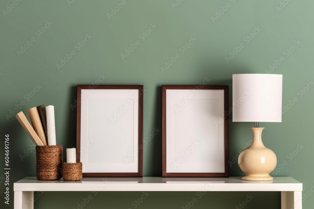Blank wooden vertical picture frame mockup on a pastel colored wall with vase, light some plants and interior, ai-generatet. Blank wooden vertical picture frame mockup on a pastel colored wall with vase, light some plants and interior, ai-generatet.
