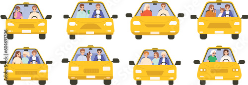 People in taxi and cabs. Isolated driver riding on road. Drivers and passengers, families and travellers. Car rent, transportation service snugly vector set