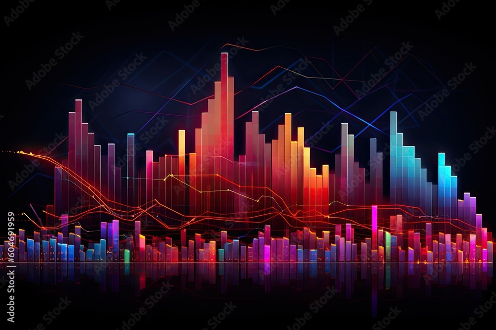 Perspective view of stock market growth, business investing and data concept with digital financial chart graphs, diagrams and indicators