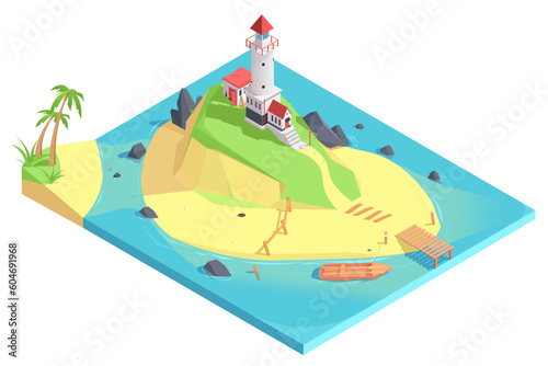 Lighthouse at coast of island with rock and sandy beach in 3d isometric. Sea or ocean wooden boat at small island wharf. Navigation lighthouse. Beacon tower for marine navigation. Vector illustration