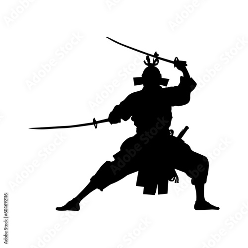 Vector illustration. Silhouette of a Japanese samurai swordsman with a katana in his hand.