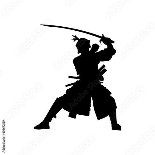Vector illustration. Silhouette of a Japanese samurai swordsman with a katana in his hand.