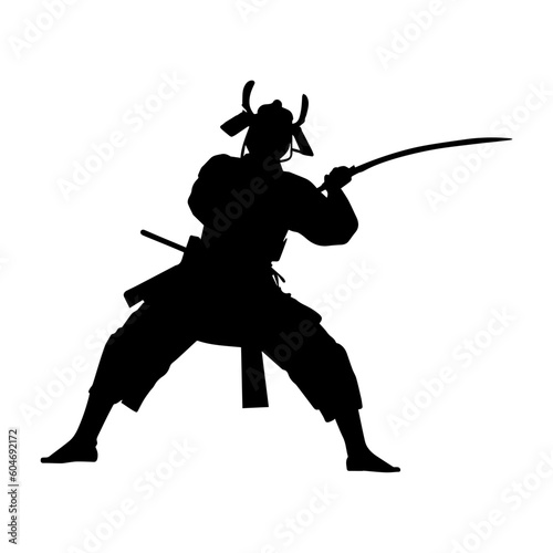 Vector illustration. Silhouette of a Japanese samurai swordsman with a katana in his hand.