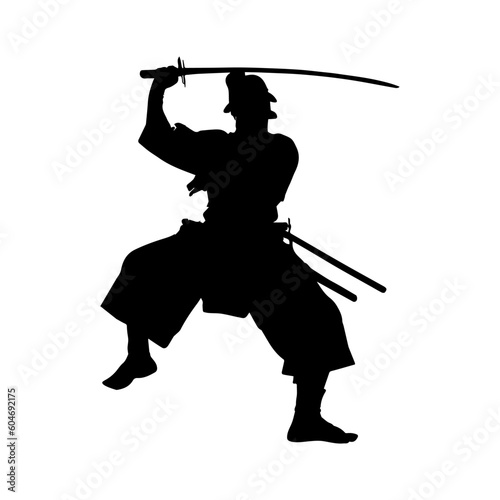 Vector illustration. Silhouette of a Japanese samurai swordsman with a katana in his hand.
