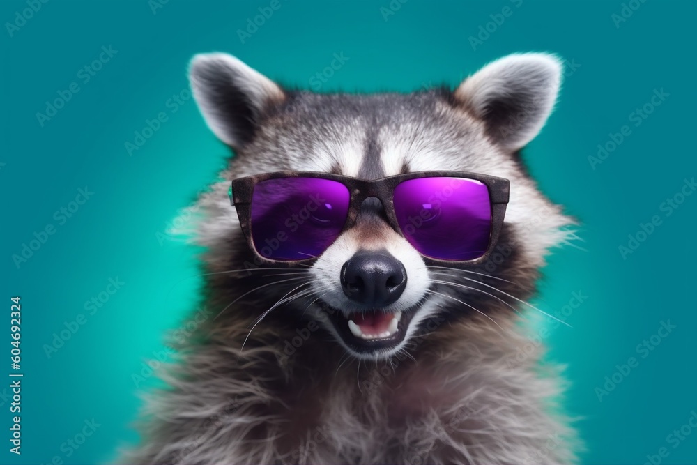 Fototapeta premium music nightlife young pet raccoon fun animal background portrait party glasses. Generative AI.