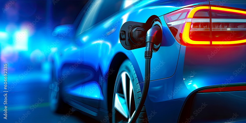 Charging blue electric car by charger. Postproducted generative AI illustration.