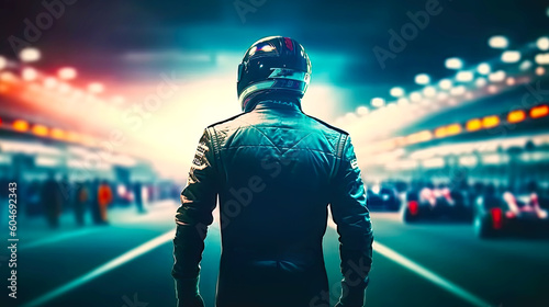 Racing driver stands in sports suit on racing circuit. Postproducted generative AI illustration.