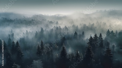 Aerial View of a foggy Forest in Winter
