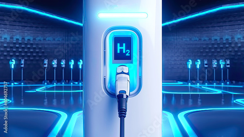 Hydrogen fuel car charging station. Postproducted generative AI illustration. photo